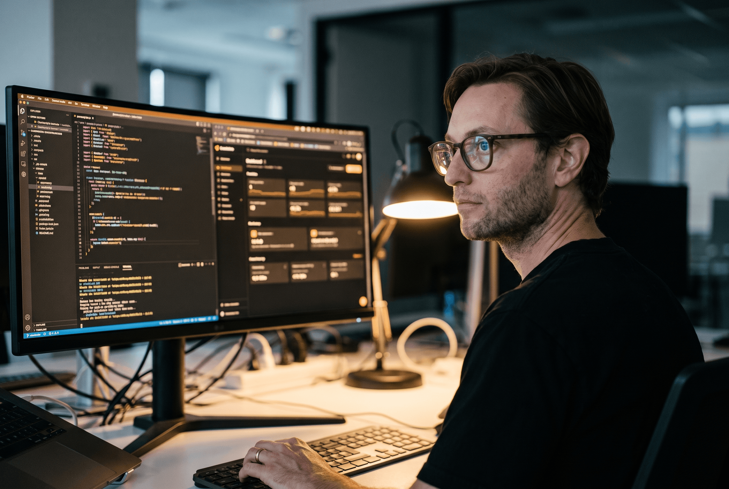 Angus McDonald working at a dual-monitor development setup